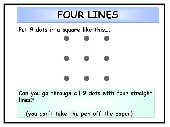 FOUR LINES Put 9 dots in a square like this…. Can you go through FOUR LINES Put 9 dots in a square like this…. Can you go through