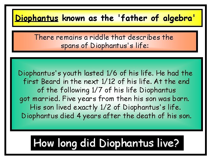 Diophantus known as the 'father of algebra' There remains a riddle that describes the Diophantus known as the 'father of algebra' There remains a riddle that describes the
