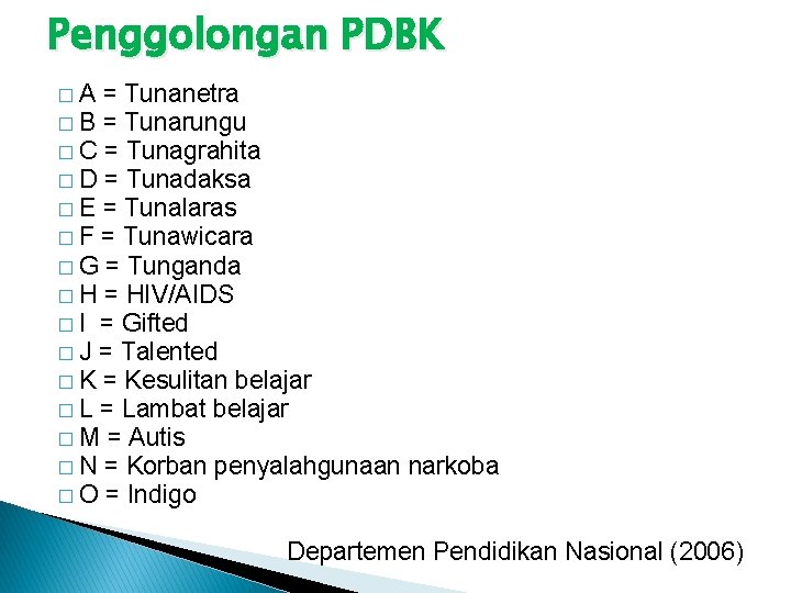 Penggolongan PDBK �A = Tunanetra � B = Tunarungu � C = Tunagrahita �