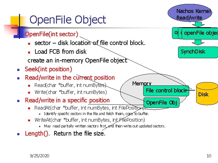 Nachos Kernel Read/write Open. File Object n n n Read(char *buffer, int num. Bytes)