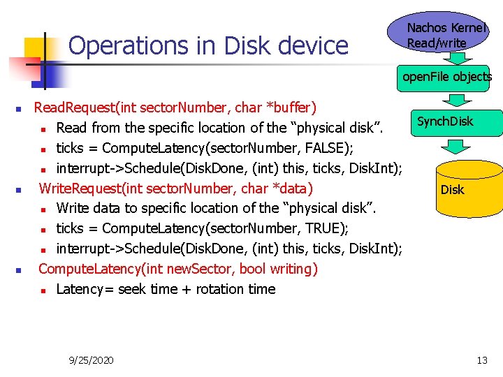 Operations in Disk device Nachos Kernel Read/write open. File objects n n n Read.