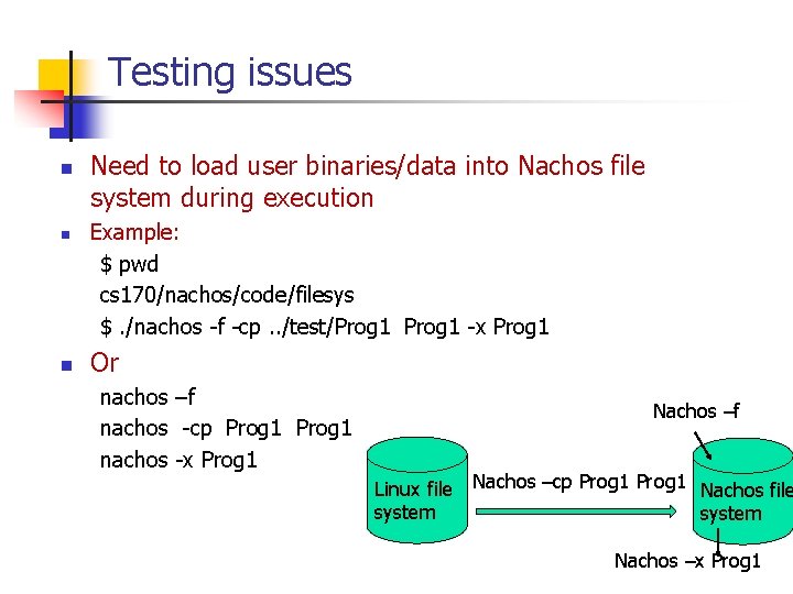 Testing issues n n n Need to load user binaries/data into Nachos file system