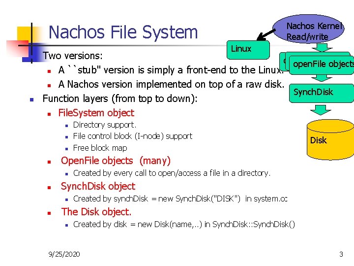 Nachos Kernel Read/write Nachos File System Linux n n Two versions: open. File objects