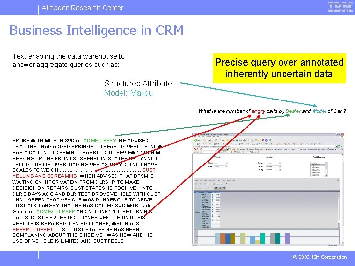 Almaden Research Center Business Intelligence in CRM Text-enabling the data-warehouse to answer aggregate queries