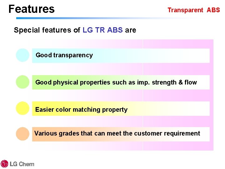 Features Transparent ABS Special features of LG TR ABS are Good transparency Good physical