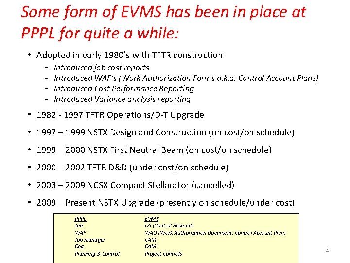 Some form of EVMS has been in place at PPPL for quite a while: