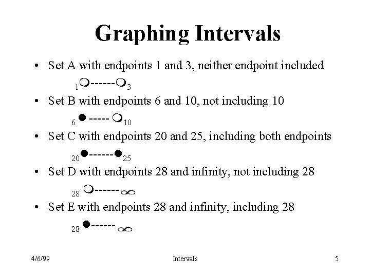 Graphing Intervals • Set A with endpoints 1 and 3, neither endpoint included 1