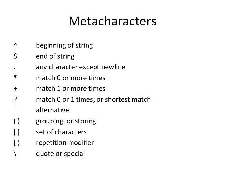Metacharacters ^ $. * + ? | () [] {}  beginning of string
