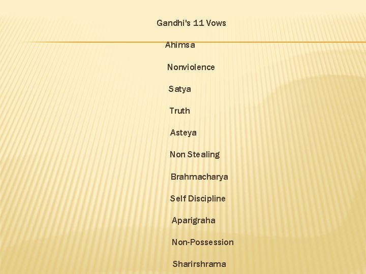 Gandhi's 11 Vows Ahimsa Nonviolence Satya Truth Asteya Non Stealing Brahmacharya Self Discipline Aparigraha