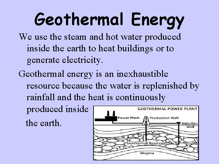 Geothermal Energy We use the steam and hot water produced inside the earth to