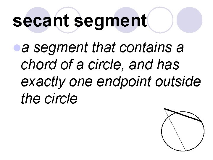 secant segment la segment that contains a chord of a circle, and has exactly