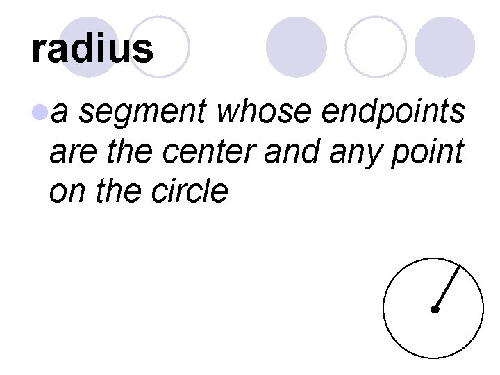 radius la segment whose endpoints are the center and any point on the circle
