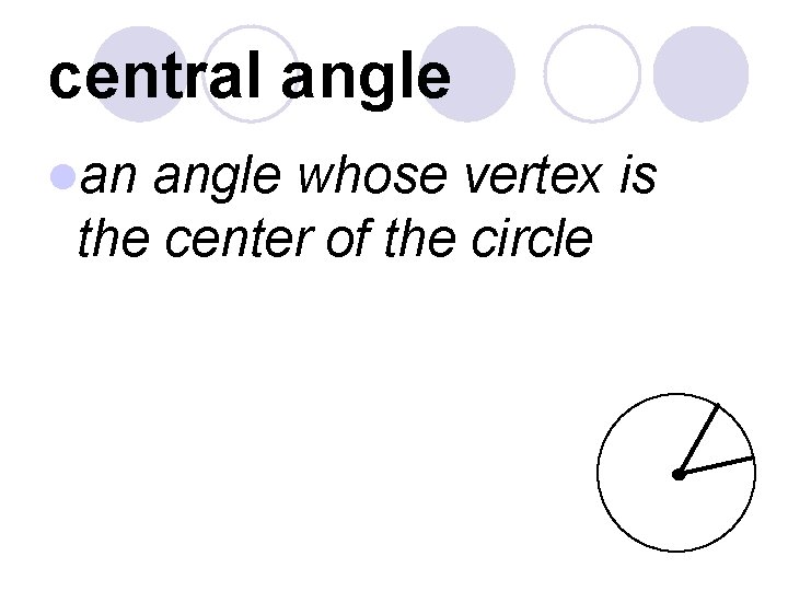 central angle lan angle whose vertex is the center of the circle 