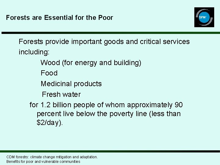 Forests are Essential for the Poor Forests provide important goods and critical services including: