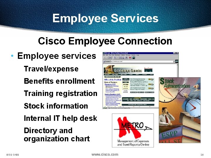 Employee Services Cisco Employee Connection • Employee services Travel/expense Benefits enrollment Training registration Stock