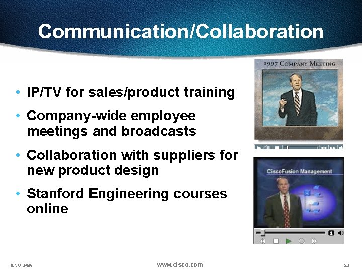 Communication/Collaboration • IP/TV for sales/product training • Company-wide employee meetings and broadcasts • Collaboration