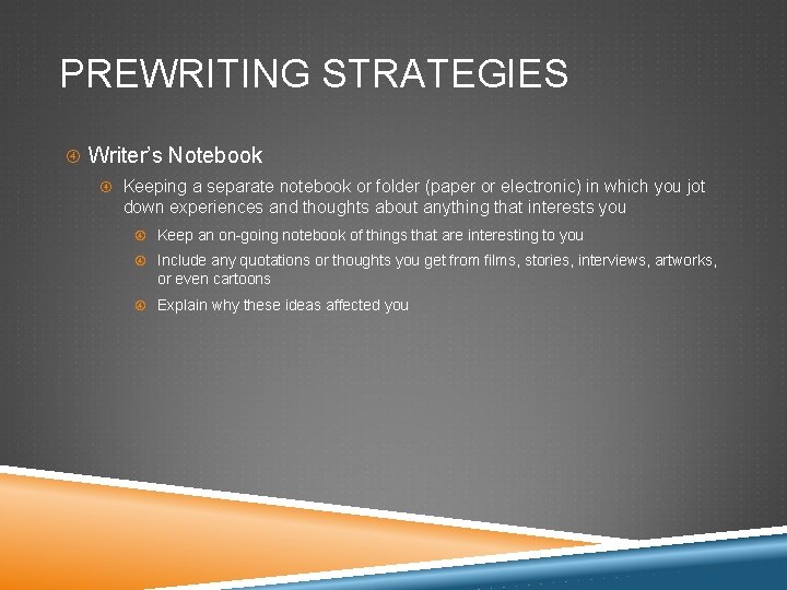 PREWRITING STRATEGIES Writer’s Notebook Keeping a separate notebook or folder (paper or electronic) in