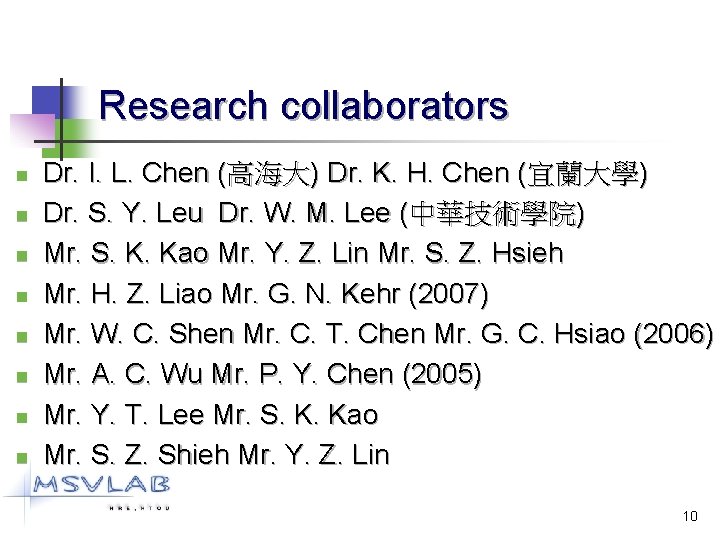 Research collaborators n n n n Dr. I. L. Chen (高海大) Dr. K. H.