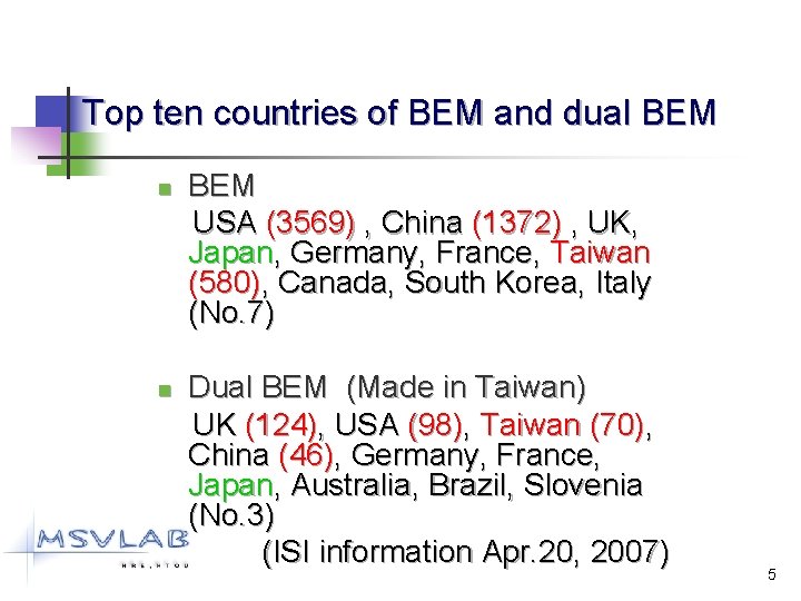 Top ten countries of BEM and dual BEM n n BEM USA (3569) ,