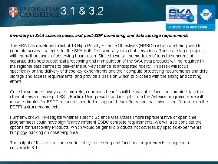 3. 1 & 3. 2 Inventory of SKA science cases and post-SDP computing and