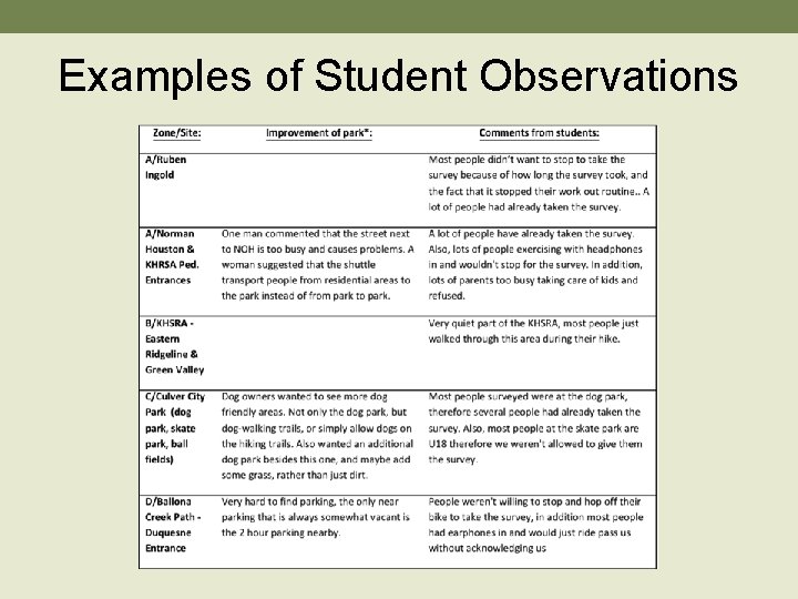 Examples of Student Observations 