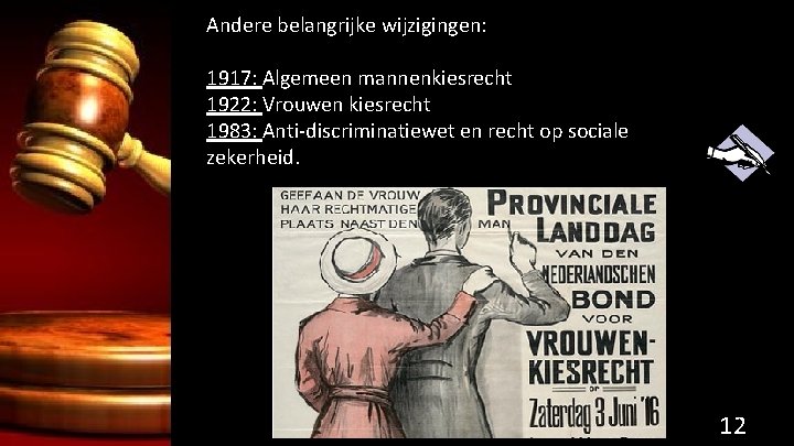 Andere belangrijke wijzigingen: 1917: Algemeen mannenkiesrecht 1922: Vrouwen kiesrecht 1983: Anti-discriminatiewet en recht op
