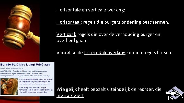 Horizontale en verticale werking: Horizontaal: regels die burgers onderling beschermen. Verticaal: regels die over