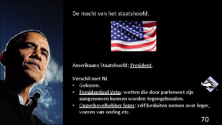 De macht van het staatshoofd. Amerikaans Staatshoofd: President. Verschil met NL • Gekozen. •