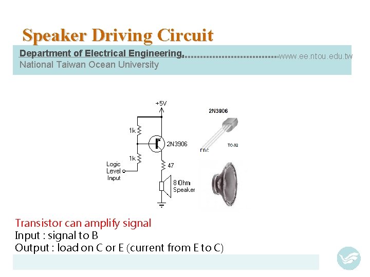Speaker Driving Circuit Department of Electrical Engineering, National Taiwan Ocean University Transistor can amplify