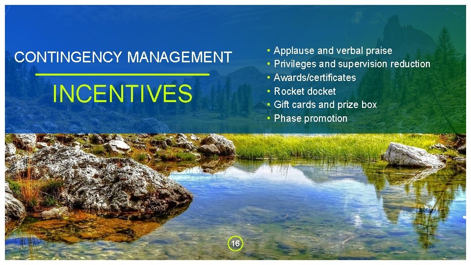 CONTINGENCY MANAGEMENT INCENTIVES 16 • • • Applause and verbal praise Privileges and supervision
