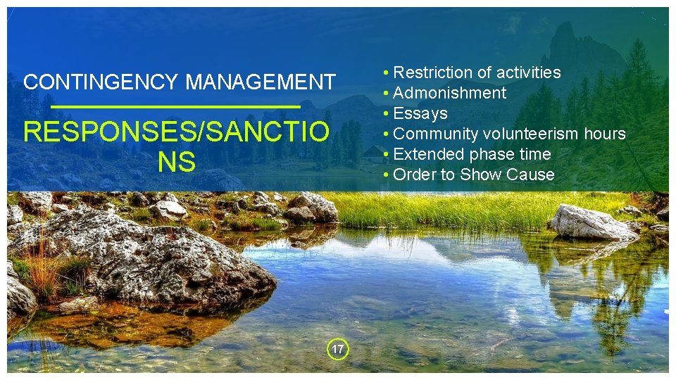 CONTINGENCY MANAGEMENT RESPONSES/SANCTIO NS 17 • Restriction of activities • Admonishment • Essays •