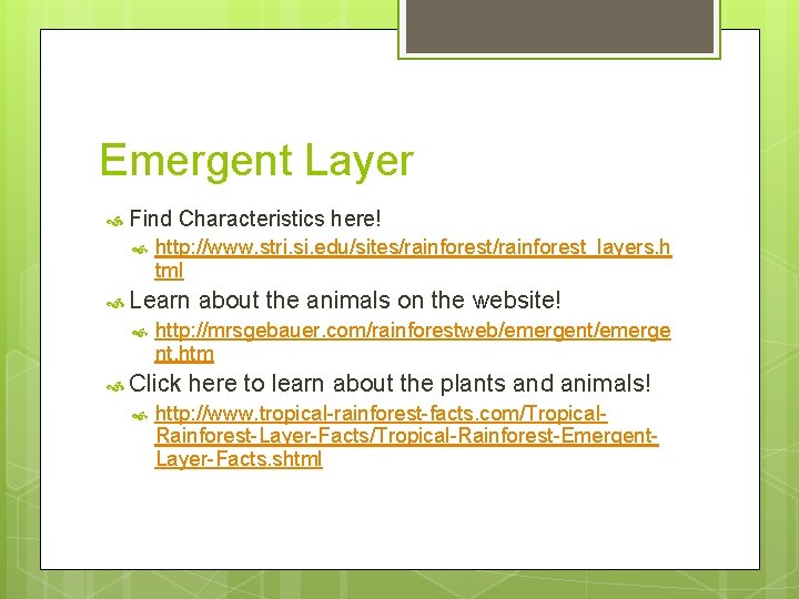 Emergent Layer Find Characteristics here! http: //www. stri. si. edu/sites/rainforest_layers. h tml Learn about