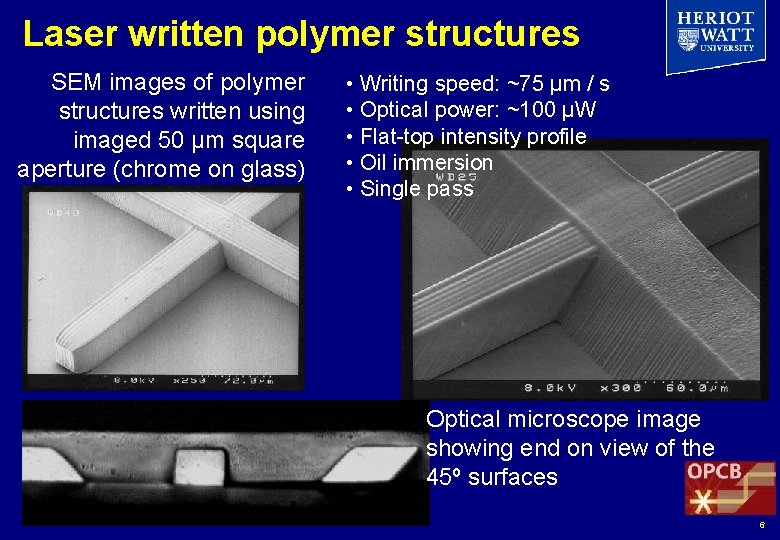 Laser written polymer structures SEM images of polymer structures written using imaged 50 µm