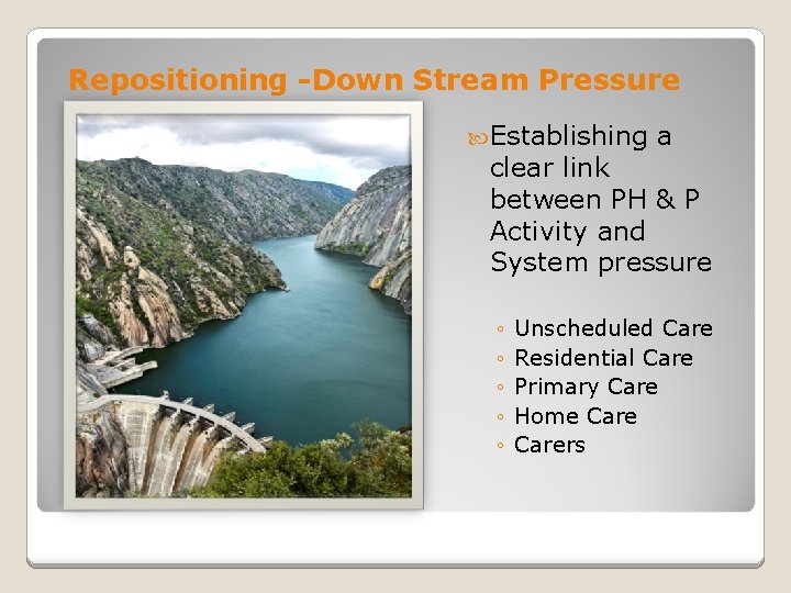 Repositioning -Down Stream Pressure Establishing a clear link between PH & P Activity and