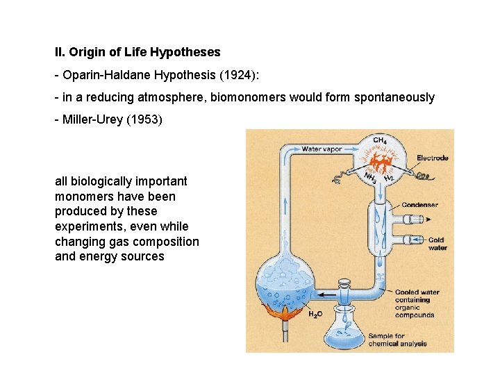 II. Origin of Life Hypotheses - Oparin-Haldane Hypothesis (1924): - in a reducing atmosphere, II. Origin of Life Hypotheses - Oparin-Haldane Hypothesis (1924): - in a reducing atmosphere,