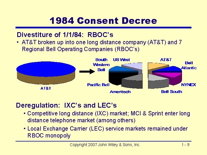 1984 Consent Decree Divestiture of 1/1/84: RBOC’s • AT&T broken up into one long
