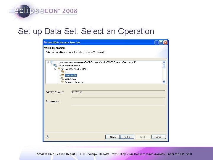 Set up Data Set: Select an Operation Amazon Web Service Report | BIRT Example