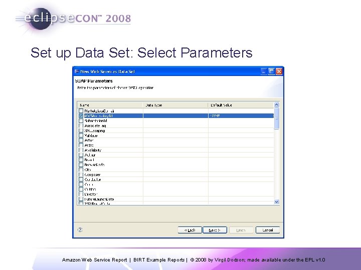 Set up Data Set: Select Parameters Amazon Web Service Report | BIRT Example Reports