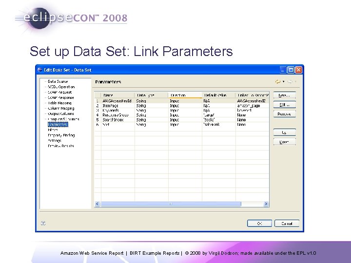 Set up Data Set: Link Parameters Amazon Web Service Report | BIRT Example Reports