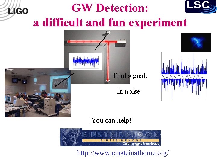 GW Detection: a difficult and fun experiment Find signal: In noise: You can help!