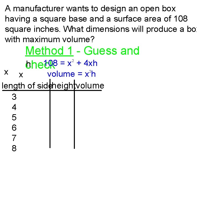 A manufacturer wants to design an open box having a square base and a