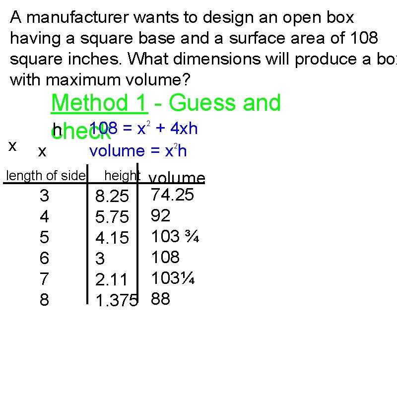 A manufacturer wants to design an open box having a square base and a
