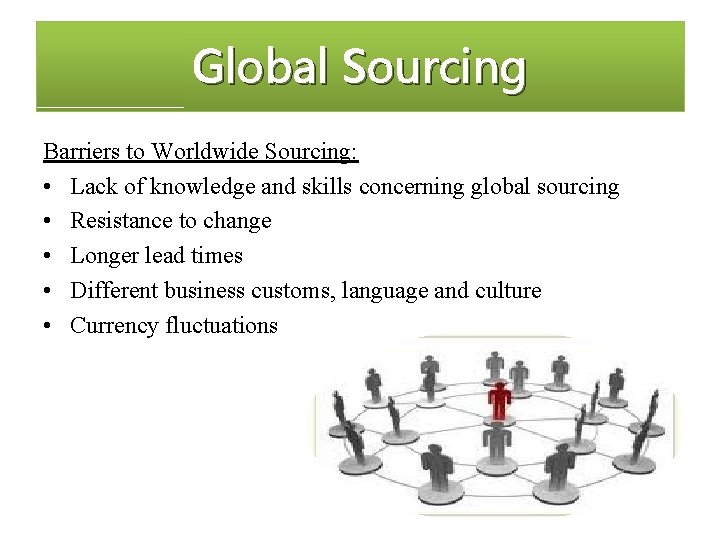 Global Sourcing Barriers to Worldwide Sourcing: • Lack of knowledge and skills concerning global