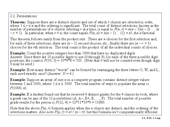 2. 2. Permutations: Theorem: Suppose there are n distinct objects and out of which