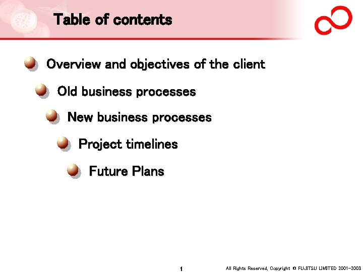 Table of contents 　Overview and objectives of the client 　Old business processes 　New business