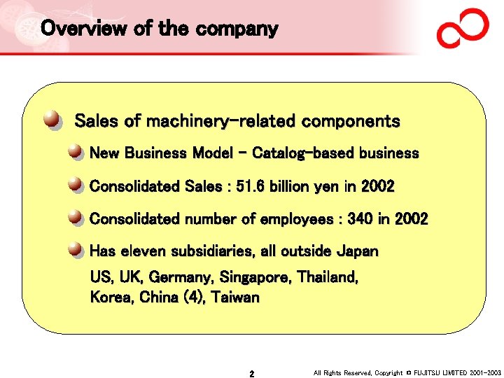 Overview of the company 　Sales of machinery-related components New Business Model – Catalog-based business