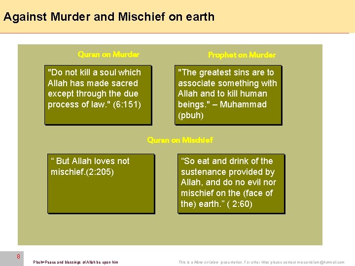 Against Murder and Mischief on earth 8 Quran on Murder "Do not kill a