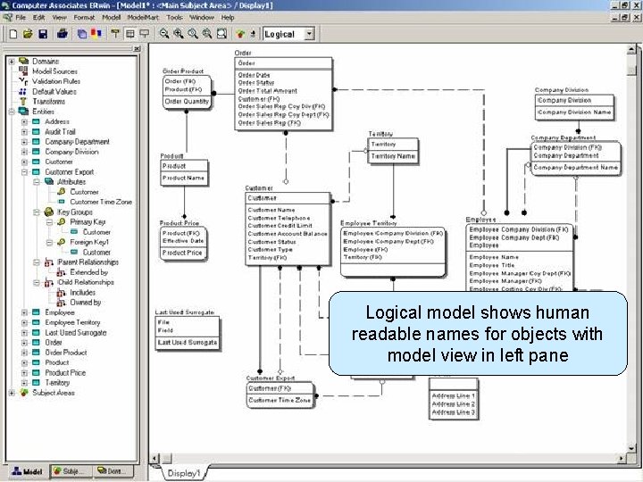 Open XML File in All. Fusion ERwin Logical model shows human readable names for