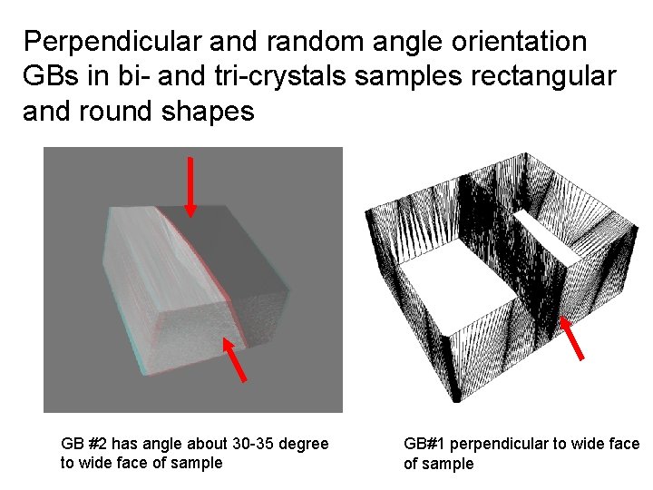 Perpendicular and random angle orientation GBs in bi- and tri-crystals samples rectangular and round