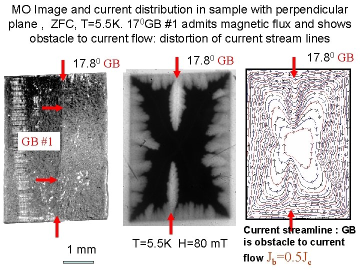 MO Image and current distribution in sample with perpendicular plane , ZFC, T=5. 5